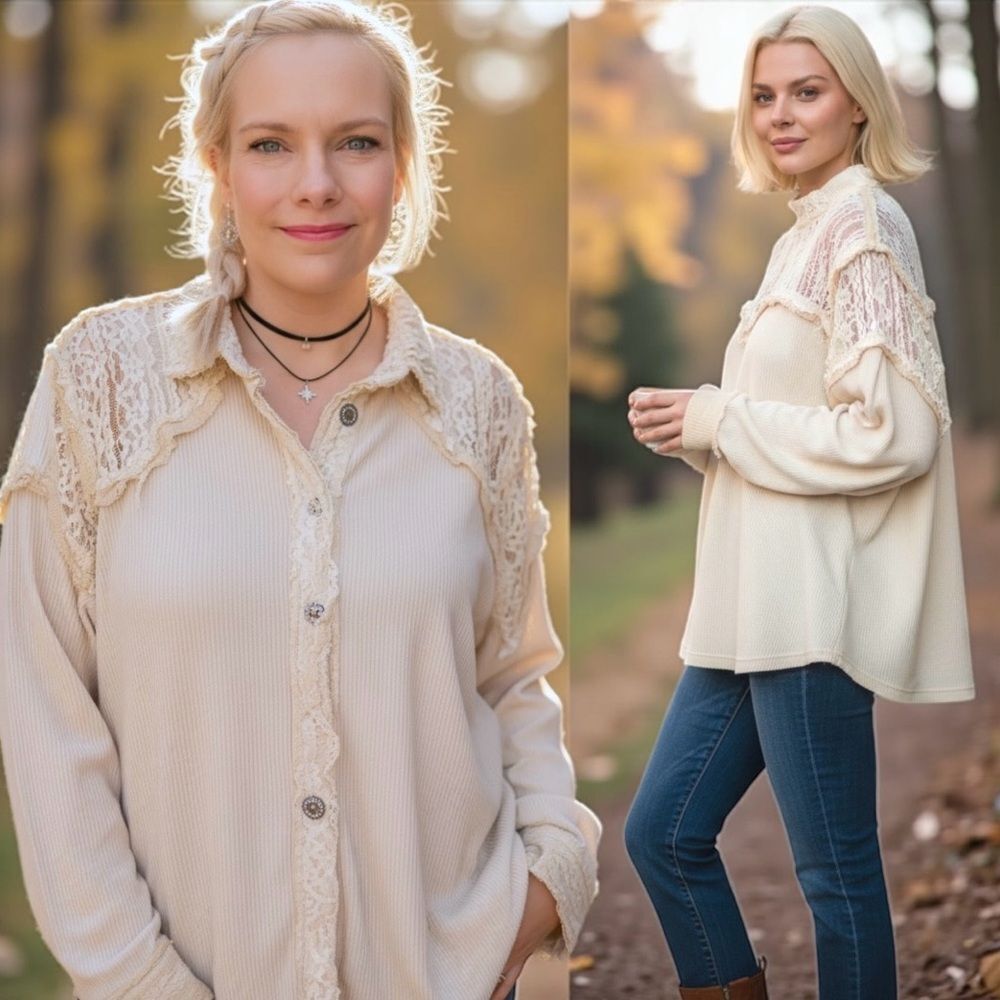 POL Ivory Lace Patchwork Button Up Shacket Size L… - image 3